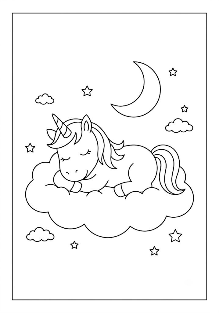 Unicorn Sleeping Under the Moon Coloring Pages