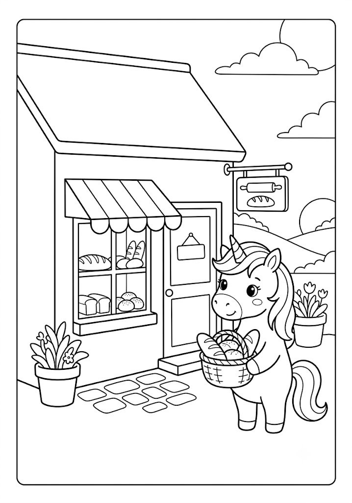 Unicorn Visiting a Tiny Bakery Coloring Pages