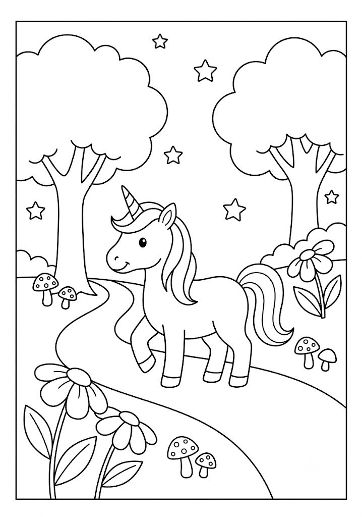 Unicorn Walking Through a Magical Forest Coloring Pages