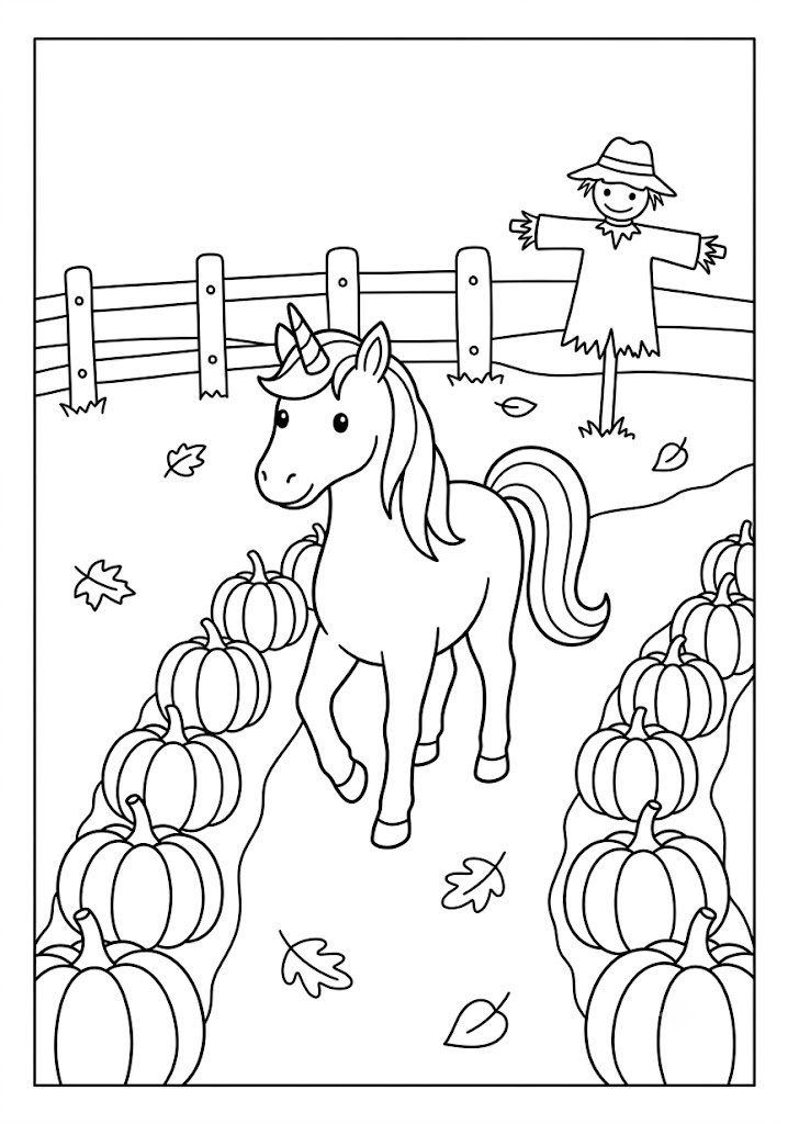 Unicorn Walking Through a Pumpkin Patch Coloring Pages