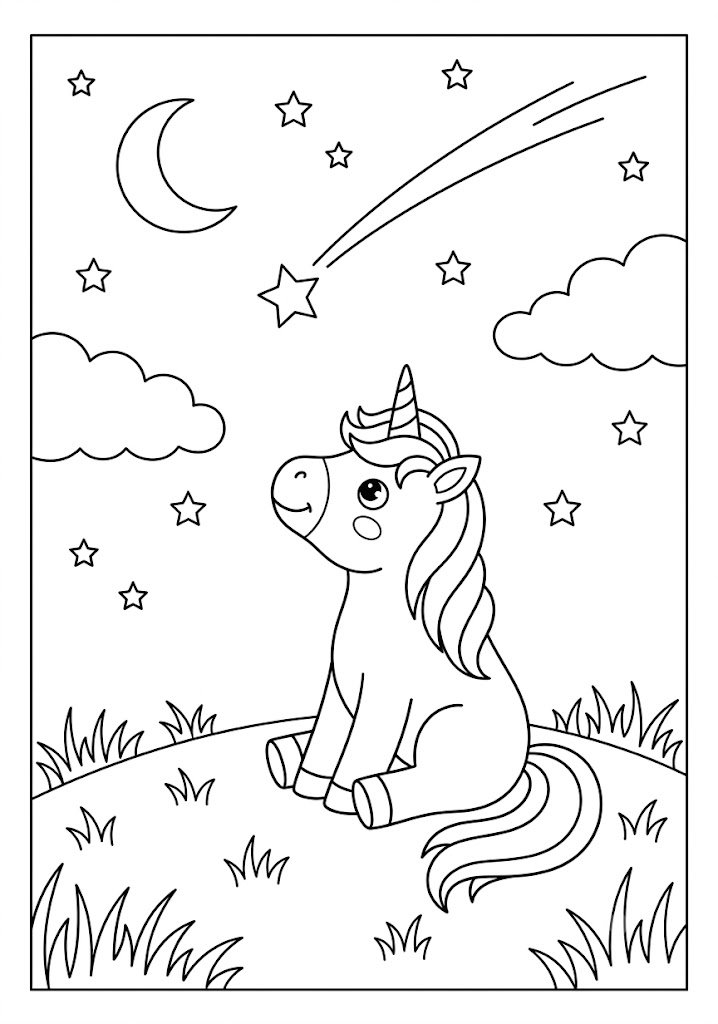 Unicorn Watching a Shooting Star Coloring Pages
