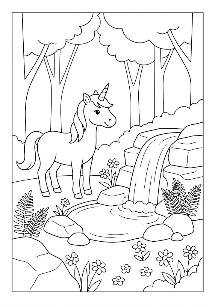 Unicorn at a Waterfall Coloring Pages