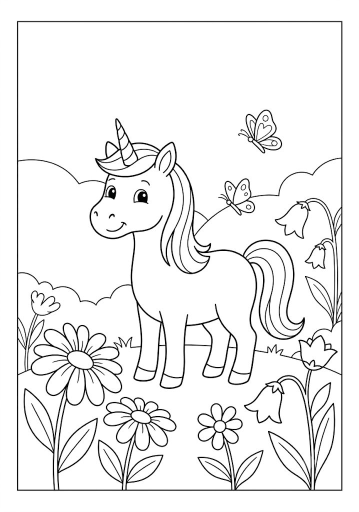 Unicorn in a Flower Garden Coloring Pages